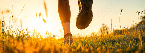 Close up of female runners legs lowdown in the ground at sunrise on a summers morning jogging photo