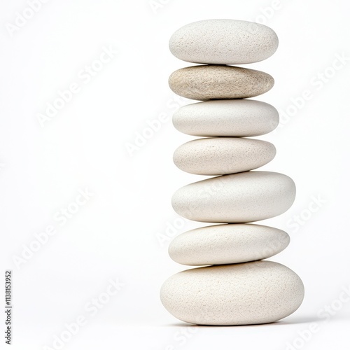 A stack of smooth, white stones symbolizes balance and tranquility against a white background, Ideal for wellness, meditation, or design themes, it conveys a sense of harmony and relaxation, photo