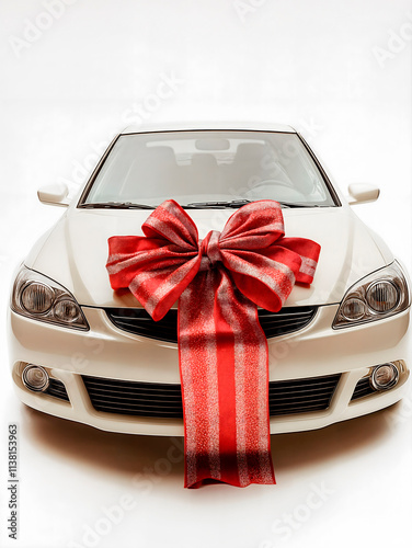 New generic car with a ribbon on it as a surprise or gift for someone