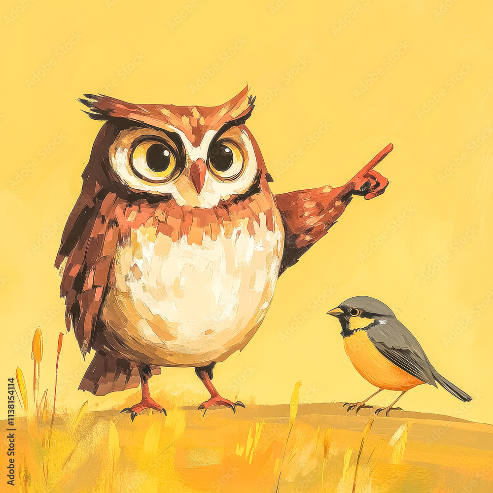 Fototapeta premium Owl pointing to a sparrow in a funny wildlife scene