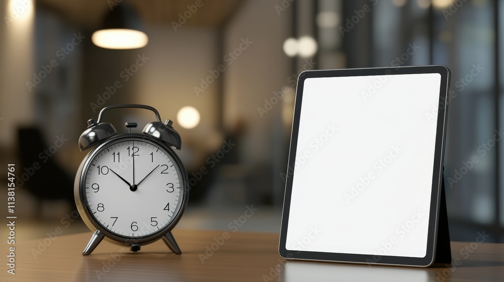 Naklejka premium Modern Desk Setup with Clock and Blank Tablet Display