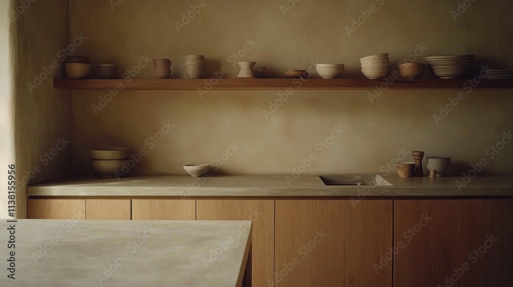 Minimalist kitchen with concrete countertop, oak cabinets, and ceramic pottery on shelves. Minimalist kitchen with concrete countertop, oak cabinets, and ceramic pottery on shelves.