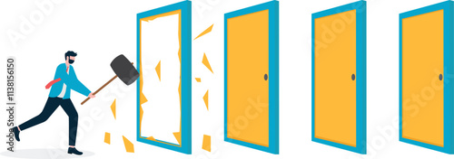 Business flat vector concept man run through break the door metaphor of break the rules. Illustration For Wallpaper, Banner, Background, Infographic, Book, And Web Landing Page.

