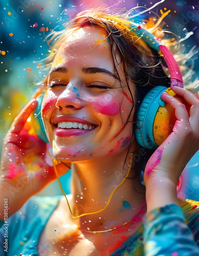 Joyful girl with colorful paint on her face and headphones enjoying music