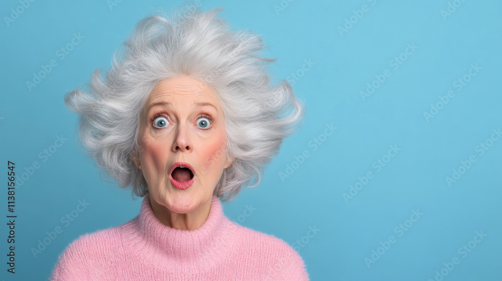Senior Woman Expresses Surprise Against a Bright Blue Background While Wearing a Pink Sweater, Showcasing Her Vibrant Personality in a Candid Moment