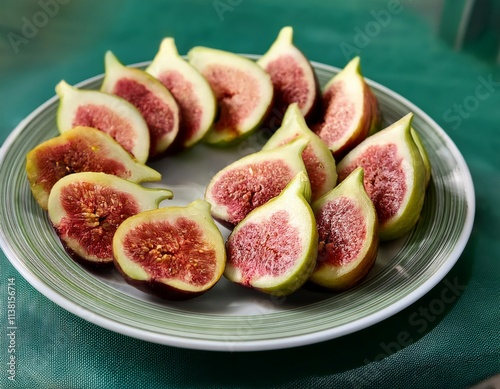 A plate of sliced figs on the table, styled in light red and emerald, with caffenol developing, dark white and light white, raw, unpolished, and fairycore vibes, with rounded edges. photo