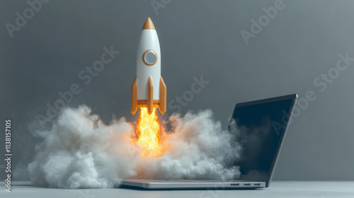 Rocket Launching From an Open Laptop With Smoke and Flames Creating a Dynamic Atmosphere of Innovation and Technology at a Modern Workspace
