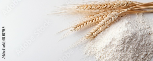 A close-up of wheat stalks beside a mound of flour, illustrating the raw ingredient and its processed form, symbolizing the grain's journey to baking.