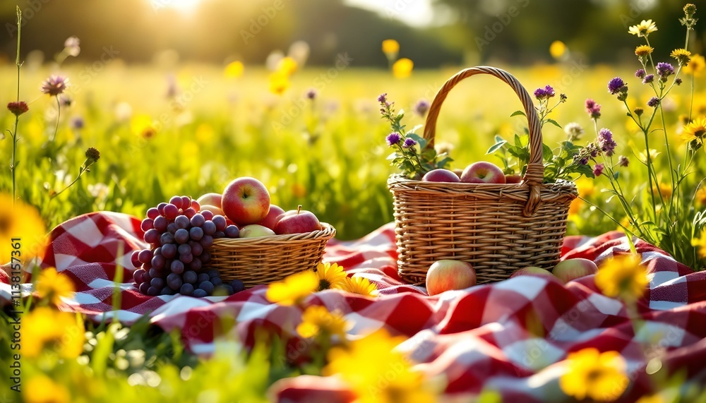 Cozy picnic setup on a grassy field in late afternoon, with a wicker basket of apples and grapes, a red and white blanket, and scattered wildflowers. Cozy picnic setup on a grassy field in late afternoon, with a wicker basket of apples and grapes, a red and white blanket, and scattered wildflowers.