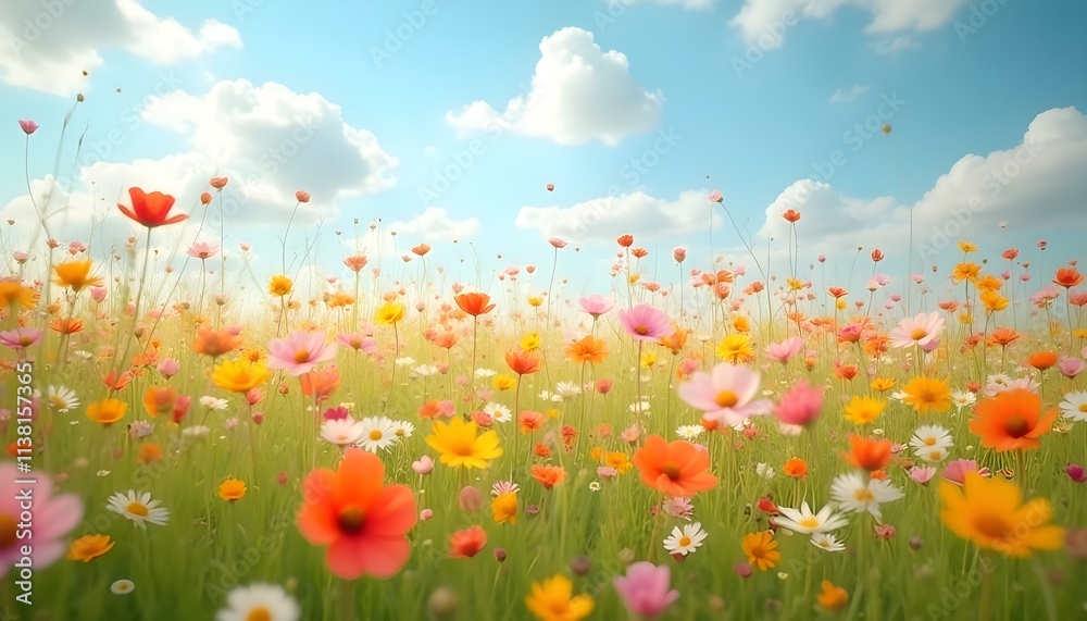 Expansive spring meadow with vibrant wildflowers swaying in a breeze, shades of orange, pink, yellow, under a blue sky with puffy white clouds. Expansive spring meadow with vibrant wildflowers swaying in a breeze, shades of orange, pink, yellow, under a blue sky with puffy white clouds.