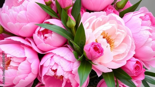 Fototapeta Naklejka Na Ścianę i Meble -  A beautiful arrangement of fresh pink peonies and roses with ample copy space, copy space, peonies, pink