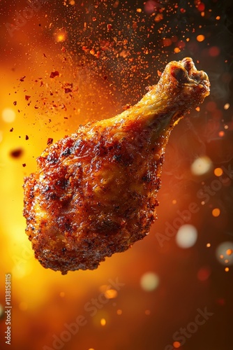 A crispy fried chicken leg bursting with flavor, its skin flaking off as it hangs mid-air, dusted with chili powder, with a glowing warm yellow and red studio background photo