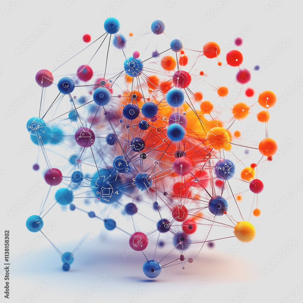 Obraz premium Colorful 3D Molecule Network Insights with Diverse Spheres Representing Scientific Research and Data Visualization in Modern Technology for Educational and Marketing Purposes
