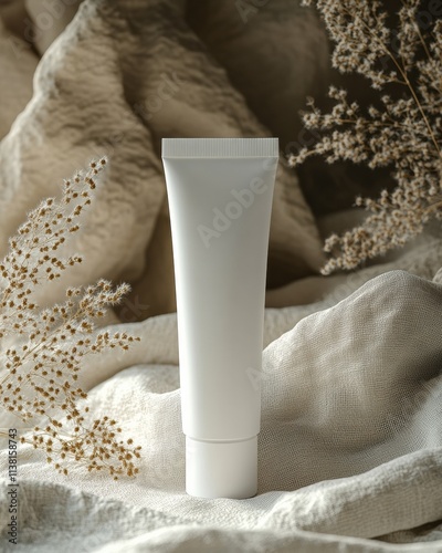 Mockup of cosmetic tube cream 50ml on stone stand on folded beige cloth background minimalist dried flowers. Natura lighting photo