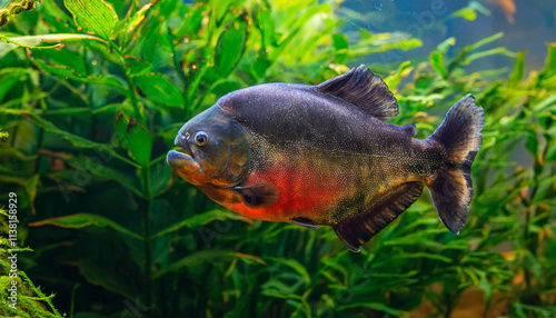 A Single Red-Bellied Piranha Swimming in a Water With Green Plants and Copy Space photo