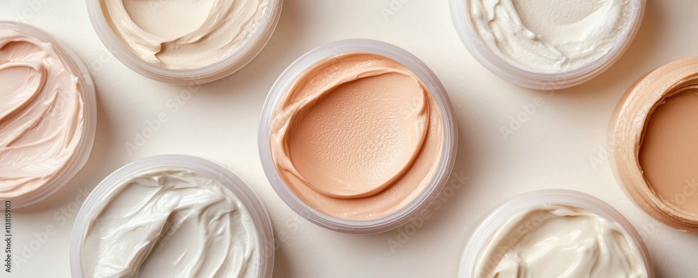 A flat lay of various cream shades in small containers, showcasing a range of textures and colors ideal for makeup or skincare applications. A flat lay of various cream shades in small containers, showcasing a range of textures and colors ideal for makeup or skincare applications.