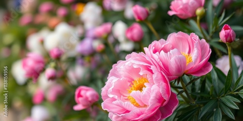 Soft pink peony flowers in full bloom creating a beautiful background, pink, peony