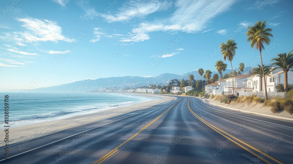 Serene Coastal Road with Palm Trees and Ocean View in California Serene Coastal Road with Palm Trees and Ocean View in California
