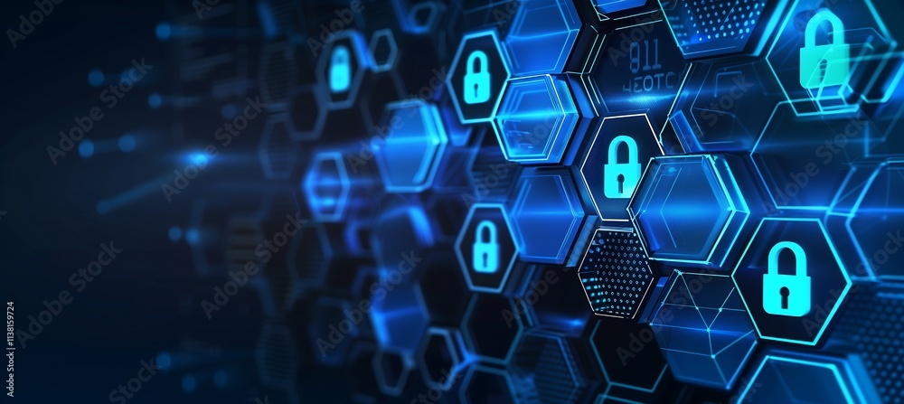 Fototapeta premium Futuristic Cybersecurity Image: Hexagonal Lock Icons on Dark Digital Canvas, 未来的サイバーセキュリティ画像: 暗いデジタルキャンバスに六角形ロックアイコン.Generative AI
