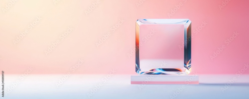 A clear glass cube rests on a surface, illuminated by soft pink and orange hues, creating a minimalist aesthetic. A clear glass cube rests on a surface, illuminated by soft pink and orange hues, creating a minimalist aesthetic.