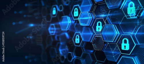 Futuristic Cybersecurity Image: Hexagonal Lock Icons on Dark Digital Canvas, 未来的サイバーセキュリティ画像: 暗いデジタルキャンバスに六角形ロックアイコン.Generative AI