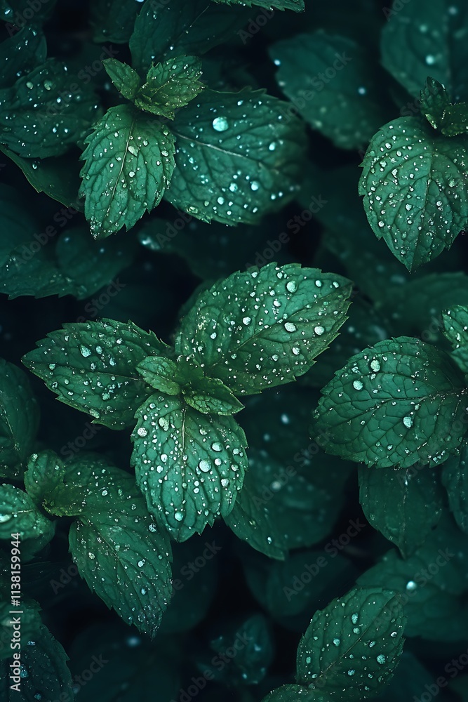 Fototapeta premium A close-up of fresh mint leaves with water droplets 