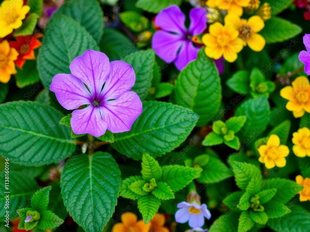 Vibrant purple flower petals and leaves in a close-up shot, flora, vibrant, colorful Vibrant purple flower petals and leaves in a close-up shot, flora, vibrant, colorful