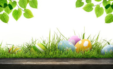 A template of six painted easter eggs celebrating a Happy Easter with a wooden bench & green meadow grass to place products in front of with a transparent background