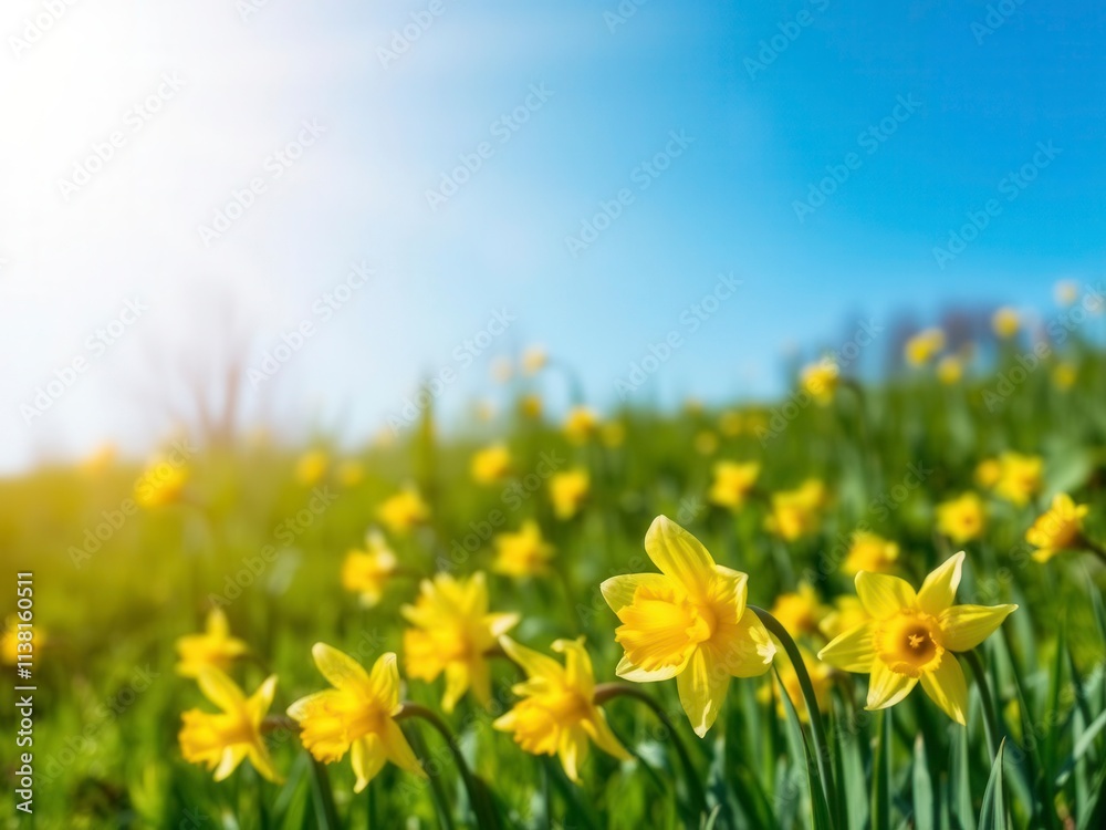 Fototapeta premium Vibrant yellow daffodil flowers bloom in a lush green field under a clear blue sky, daffodil, yellow