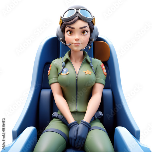 Stunning 3D Render of a Female Pilot in Cockpit. Transparent Background.