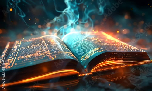 Open magical book with glowing blue light and mystical smoke