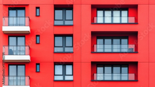 abstract view of building with bright red facade, minimalist and modern, sharp lines, bold color, isolated urban structure, clean design, striking contrast