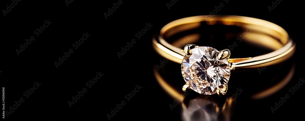 A stunning gold ring featuring a sparkling diamond, elegantly displayed against a black background, highlighting its brilliance and craftsmanship. A stunning gold ring featuring a sparkling diamond, elegantly displayed against a black background, highlighting its brilliance and craftsmanship.