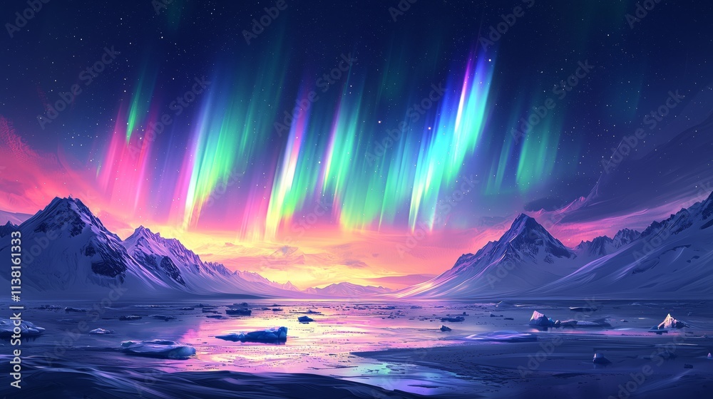 Naklejka premium Stunning Aurora Borealis Over Majestic Snowy Mountains at Dusk
