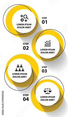 4 steps infographic template with 4 options. Flowchart that can be used for business report, data visualization and presentation. Timeline infographic elements vector illustration.