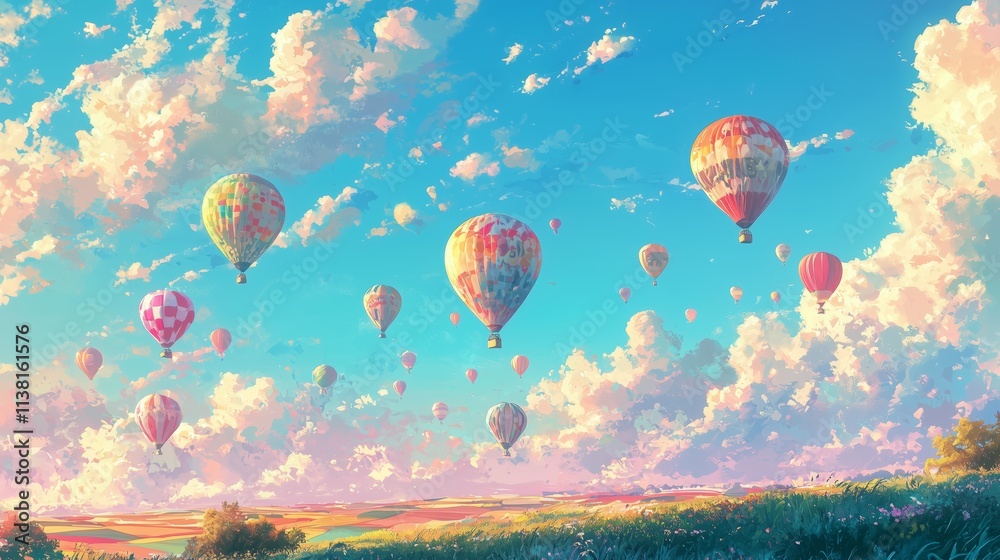 Obraz premium Colorful Hot Air Balloons Over Serene Landscape with Vibrant Sky