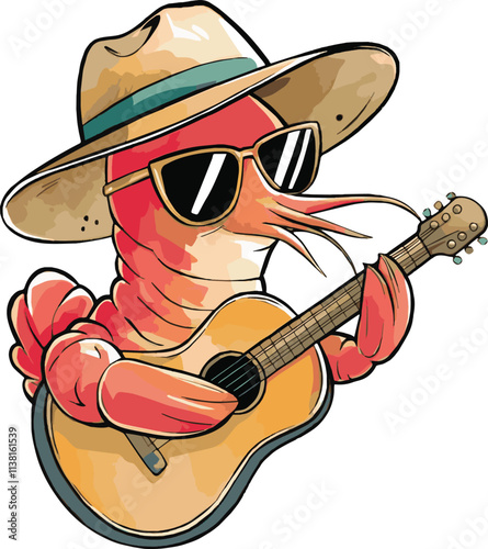 A watercolor vector illustration of a cartoon shrimp animation. The shrimp is wearing a hat and sunglasses and is holding a guitar. The shrimp is isolated on a white background.