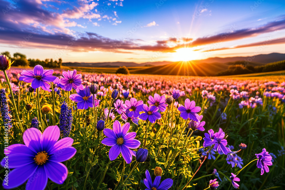 Obraz premium A vibrant field of purple flowers, with the sun setting in the background, casting a warm glow on the scene.