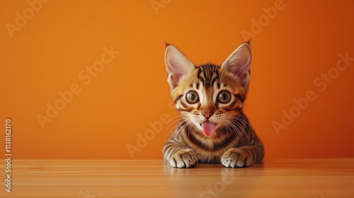 A playful kitten with expressive eyes on a bright orange background. photo