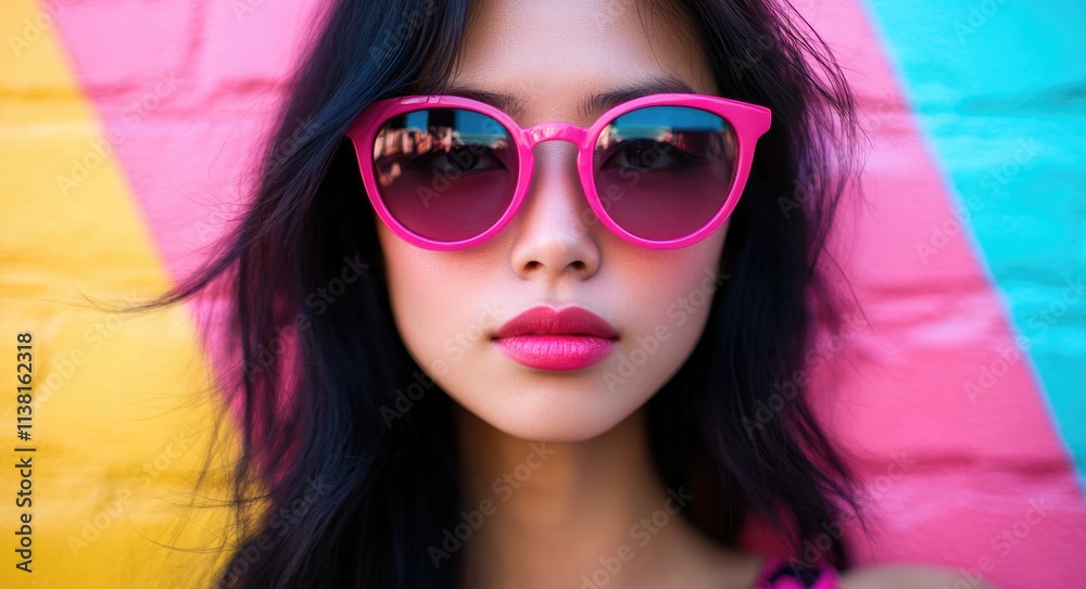 A beautiful Asian woman in pink sunglasses against a colorful background. A beautiful Asian woman in pink sunglasses against a colorful background.