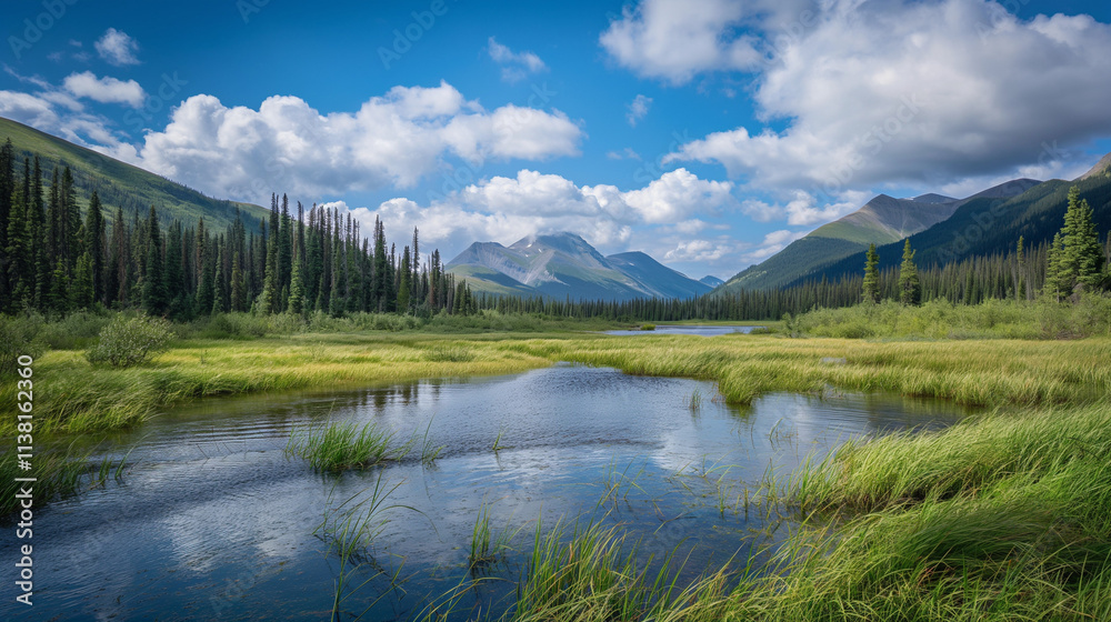 Lush mountain landscape with meandering river under partly cloudy skies. Lush mountain landscape with meandering river under partly cloudy skies.