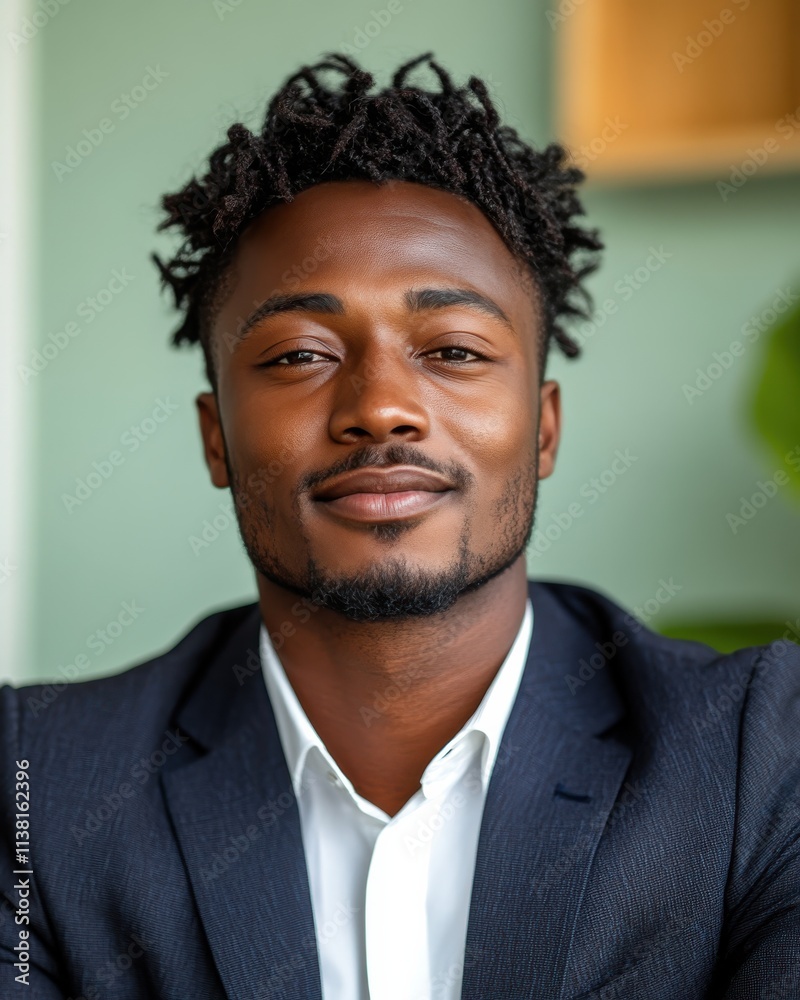 Portrait of a smiling, confident African American businessman in a suit, studio background