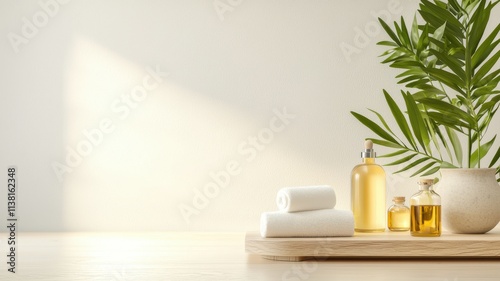 Spa retreat oils concept. Minimalist spa setting with towels, oils, and a green plant.