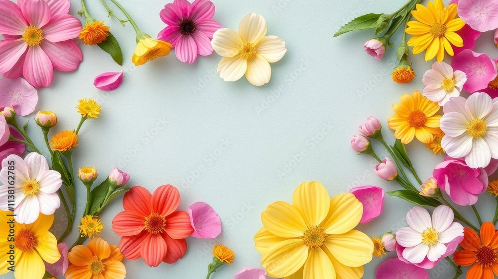 Colorful spring flowers including tulips, daisies, and daffodils arranged on a textured paper background, nature, background
