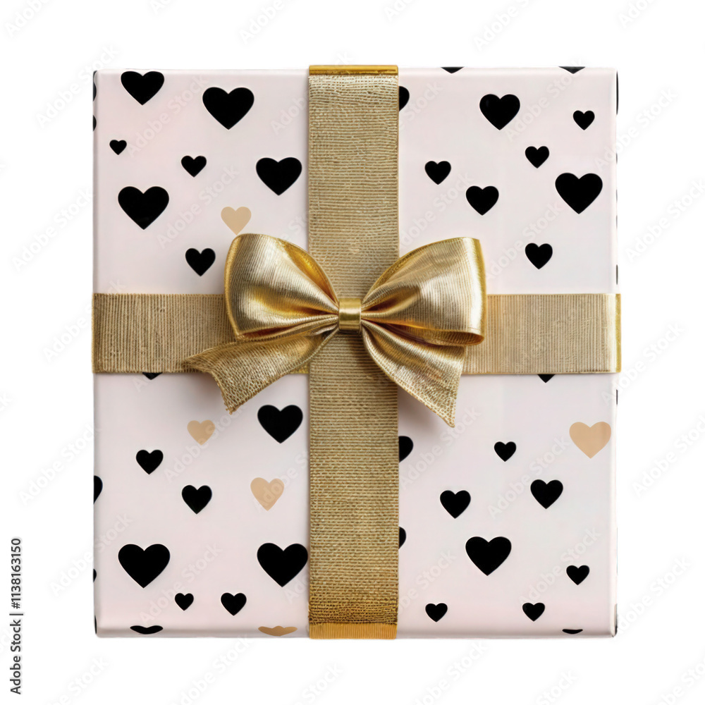 white gift box with black hearts and golden bow isolated on transparent background