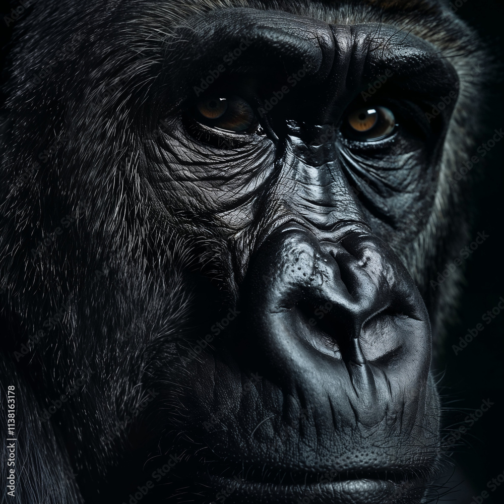 Closeup of a gorilla face on a black background