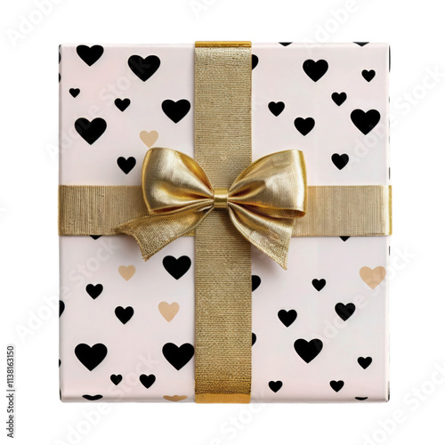 Obraz na płótnie white gift box with black hearts and golden bow isolated on transparent background
w salonie