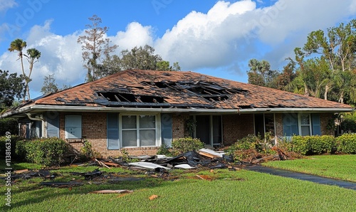 Damaged house roof with missing shingles after hurricane Ian in Florida, damaged, house, roof, hurricane, Ian