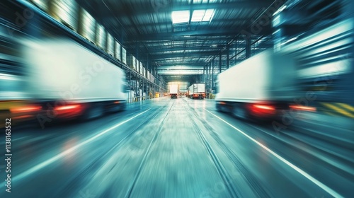 Industrial Loading Zone Blur: Blurred view of a busy factory warehouse entrance with transport trucks