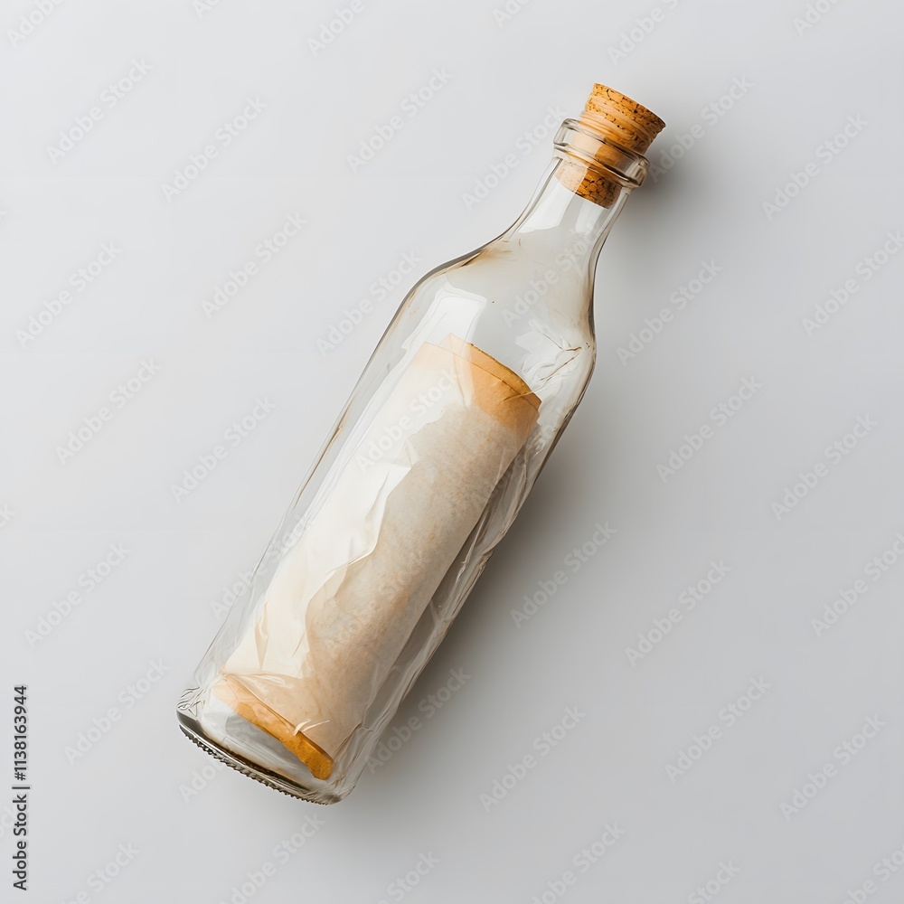 Fototapeta premium Glass bottle contains rolled paper message inside